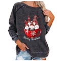 Women's dark grey acid wash Christmas sweatshirt with festive gnomes in a mug print - S / Tops / Deep Gray Gnomes in Cup (817X)