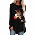 Close-up of a festive Christmas reindeer print on a black long-sleeved tunic top - S / Tops / Black Christmas Tree Quote Print
