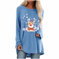 Women's light blue long sleeve Christmas t-shirt with reindeer and snowflake prints - S / Tops / Blue Christmas Reindeer Print