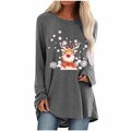 Close-up of reindeer and snowflake print on a grey long-sleeved Christmas t-shirt - S / Tops / Gray Christmas Reindeer Snowflake Print