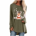 Detail view of olive green long sleeve shirt with reindeer Christmas print and curved hem - S / Tops / Khaki