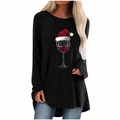 Détail de l'imprimé verre de vin de Noël sur un t-shirt noir ample à manches longues - S / Haut (Motif de Verre à Vin 2081) / Noir