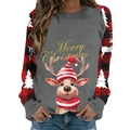 Close-up of a festive Christmas sweatshirt with reindeer print and buffalo plaid raglan sleeves - S / Gray Reindeer Merry