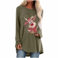 Detail of cartoon reindeer print on olive green long sleeve Christmas T-shirt for women - S / Tops / Khaki Christmas Reindeer Snowflake Print