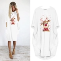 Detail of Christmas reindeer print and side pockets on a white long sleeve dress - S / White