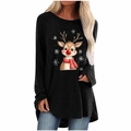 Détail de l'imprimé renne sur le t-shirt de Noël noir à manches longues pour femmes - S / Hauts / Noir (Motif de Renne-2082)