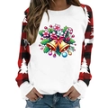 Detail of Christmas sweatshirt featuring holiday bell prints and red plaid raglan sleeves - S / White Bell Wreath