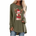 Close-up detail of a cartoon reindeer print on an olive green long sleeve Christmas shirt - S / Tops / Khaki Christmas Elk Print