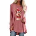 Detail view of pink long-sleeve tee with festive cartoon Christmas elk print and round hem - S / Tops / Pink Christmas Elk Print