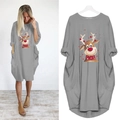 Grey Christmas loose dress with reindeer print, long sleeves and side pockets - S / Gray