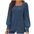Jersey de punto azul para mujer con escote cuadrado, mangas abullonadas y aberturas laterales - S / Azul marino