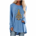 Detail of Christmas tree print on light blue loose long sleeve T-shirt for women - S / Tops / Blue Golden Christmas Tree Print