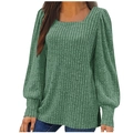 Women's green ribbed knit sweatshirt with square neck and lantern sleeves with side slits - S / Green