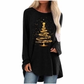 Women's loose black long sleeve T-shirt with a creative golden Christmas tree print - S / Tops / Black Christmas Tree Graphic Print