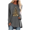 Detail of grey festive t-shirt featuring a golden Christmas tree print and curved hem - S / Tops / Gray