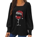 Schwarzer Damen-Rippstrickpullover zu Weihnachten mit Pailletten-Weinglas und Viereckausschnitt - S / Schwarz