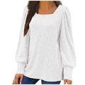 Detail view of the ribbed knit fabric and elegant square neckline on the white lantern sleeve top - S / White