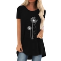 Damen T-Shirt in Schwarz mit Löwenzahn-Print, langer Schnitt und Rundhalsausschnitt - S / Schwarz