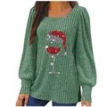 Green long sleeve rib-knit Christmas top featuring a festive wine glass graphic design - S / Green