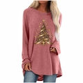 Close-up of golden Christmas tree print on long sleeve crewneck top for women - S / Tops / Pink Golden Spiral Christmas Tree Print