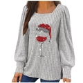 Damen Langarmshirt Grau Gerippt mit festlichem Weihnachts-Weinglas Glitzerdruck - S / Hellgrau
