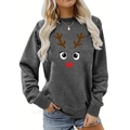 Detail van een rendierprint op een donkergrijs kerstsweatshirt met ronde hals - S / Donkergrijze Cartoon Rendierstijl (64)