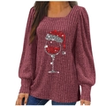 Detail of burgundy ribbed Christmas knit top with festive sparkling wine glass graphic - S / Burgundy