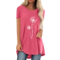 Damen T-Shirt in Korallenrosa mit Löwenzahn-Print, unregelmäßiger Saum und Rundhals - S / Rosa