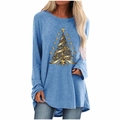 Detail of golden Christmas tree print on loose sky blue long-sleeved T-shirt - S / Tops / Blue Golden Spiral Christmas Tree Print