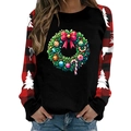 Close-up of Christmas wreath print and red-black plaid patchwork on a thick sweatshirt - S / Black Wreath Candy