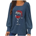 Damen Strickpullover in Dunkelblau mit Weihnachts-Weinglas-Druck und quadratischem Ausschnitt - S / Marineblau