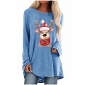 Detail of light blue Christmas long sleeve tee showing the reindeer print and hem - S / Tops / Blue Christmas Reindeer Print (2096)