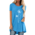 Himmelblaues Damen Kurzarm-T-Shirt mit minimalistischem weißem Löwenzahn-Print - S / Blau