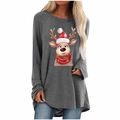 Detail of Christmas reindeer print and crew neck on a dark gray long sleeve sweatshirt - S / Tops / Gray Christmas Reindeer Print (2096)