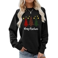 Women's Christmas tree print sweatshirt in loose fit black crewneck long sleeve style - S / Black Patchwork Christmas Tree Style (147)