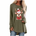 Detail of army green Christmas sweatshirt featuring a reindeer print with red scarf - S / Tops / Army Green Christmas Reindeer Print (2096)