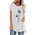 T-shirt blanc à manches courtes avec imprimé pissenlit et ourlet haut-bas élégant - S / Blanc