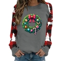 Close-up of Christmas sweater with red plaid sleeves and festive reindeer holiday print - S / Gray Wreath Candy