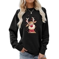 Detail of cartoon reindeer print with red 3D nose on a black crewneck sweatshirt - S / Black Reindeer Face Style (172)