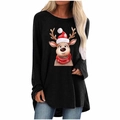 Close-up of reindeer print with red hat and scarf on a black long sleeve Christmas top - S / Tops / Black 2096