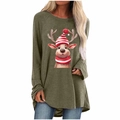 Detail of female long sleeve t-shirt with festive Christmas reindeer print in olive green - S / Tops / Olive Green Christmas Reindeer Print (2097)