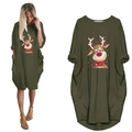 Christmas reindeer print dark green loose T-shirt dress with functional side pockets - S / Army Green