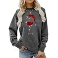 Detail of Christmas wine glass print with red and silver glitter on dark grey sweatshirt - S / Dark Gray Christmas Wine Glass Style (186)