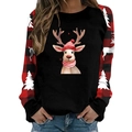 Close-up of Christmas reindeer print and red black plaid raglan sleeves on a cozy sweater - S / Black Cartoon Reindeer