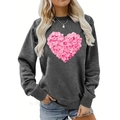 Detail of pink floral petal heart print on dark grey crewneck sweatshirt - S / Pink Petal Heart (1074) / Dark Gray