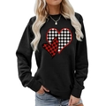 Detail view of heart-shaped patchwork patterns with red and black plaid on black sweatshirt - S / Black Plaid Heart (236)