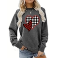 Detail of buffalo plaid heart prints on gray crewneck sweatshirt with ribbed cuffs - S / Dark Gray Plaid Heart (236)