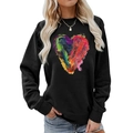 Detail of artistic colorful heart print on black crewneck sweatshirt for women - S / Tops / Black (Colorful Paint Heart) (1077)