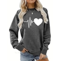 Detail of loose fit dark grey sweatshirt featuring heart pulse print and ribbed cuffs - S / Dark Gray Heartbeat Heart (239)