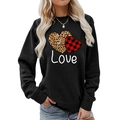 Detail of leopard and plaid double heart print with Love text on black sweatshirt - S / Black Leopard Plaid Heart (246)